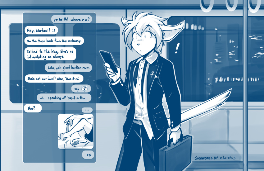 4_toes 5_fingers anthro basitin blue_and_white blush briefcase canid canine canis cellphone clothed clothing conditional_dnp english_text eyebrows feet female fingers hi_res holding_object holding_phone keith_keiser male mammal monochrome natani necktie night pawpads phone smartphone solo suit tail_boner text text_message toes tom_fischbach train twokinds vehicle webcomic wolf