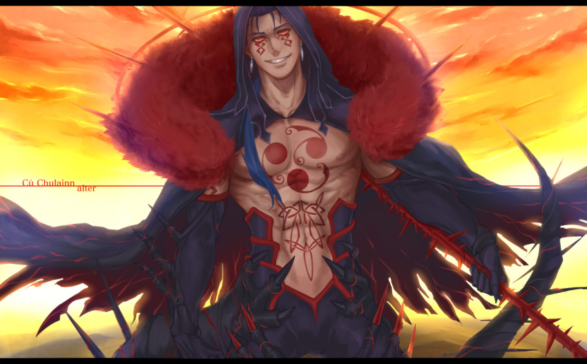 1boy abs black_gloves black_pants blue_hair bodypaint cape claws closed_mouth cloud cu_chulainn_(fate)_(all) cu_chulainn_alter_(fate/grand_order) dark_blue_hair dark_persona detached_hood earrings elbow_gloves facepaint fate/grand_order fate_(series) fur-trimmed_cape fur_trim gae_bolg gloves grin holding holding_polearm holding_weapon hood hood_up ibushi jewelry long_hair looking_at_viewer male_focus muscular navel pants pectorals polearm ponytail red_eyes sharp_teeth shirtless skin_tight sky smile solo spikes sunset tail teeth type-moon weapon