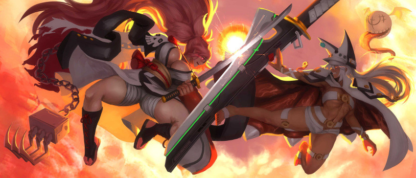 2girls absurdres baiken barefoot battle beltbra breasts clash claw_(weapon) cleavage clenched_teeth cloak dark_skin dudeunderscore glowing glowing_eyes guilty_gear guilty_gear_xrd highres huge_weapon japanese_clothes katana large_breasts long_hair midair multiple_girls open_mouth open_toe_shoes pink_hair ponytail ramlethal_valentine short_shorts shorts silver_hair sword teeth very_long_hair weapon