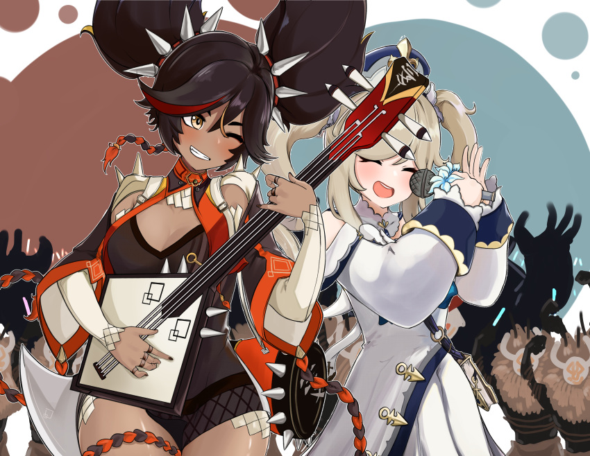 2girls ;d absurdres barbara_(genshin_impact) black_hair blonde_hair blue_eyes blush breasts cheering cleavage closed_eyes concert dark_skin dark_skinned_female dress gat genshin_impact glowstick guitar highres hilichurl holding holding_microphone horns idol instrument jewelry knbd long_sleeves mask microphone monster multiple_girls music one_eye_closed open_mouth ring singing smile spikes twintails xinyan_(genshin_impact) yellow_eyes