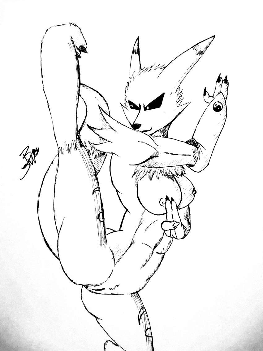 absurd_res anthro bsan94 canid canine digimon digimon_(species) female fox hi_res mammal monochrome renamon solo