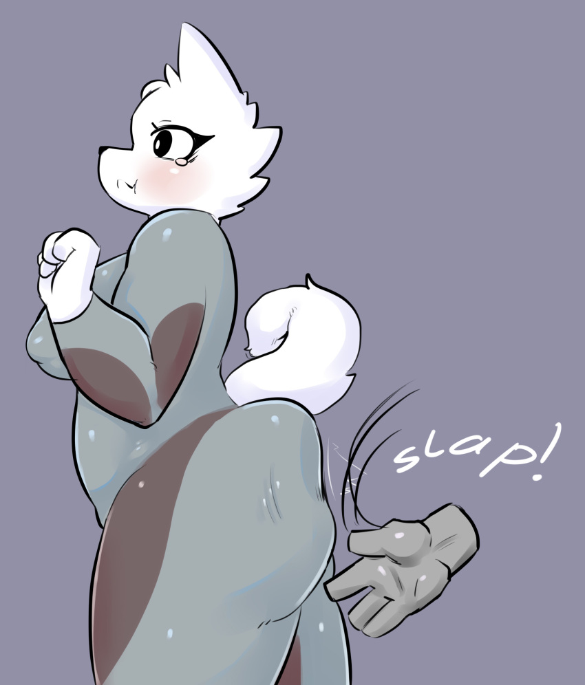 anthro butt_slap canid canine canis clothing disembodied_hand female fur hi_res kukurikoko mammal rubber rubber_suit slap solo sound_effects spanking surprise white_body white_fur wolf