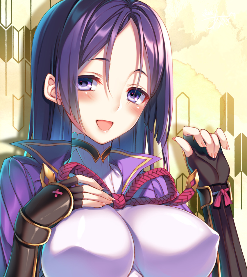 1girl :d armor artist_name black_gloves blush breasts dated fate/grand_order fate_(series) fingerless_gloves gloves hand_on_own_chest highres japanese_armor kote large_breasts long_hair minamoto_no_raikou_(fate/grand_order) open_mouth purple_eyes purple_hair signature smile solo toosaka_asagi yagasuri