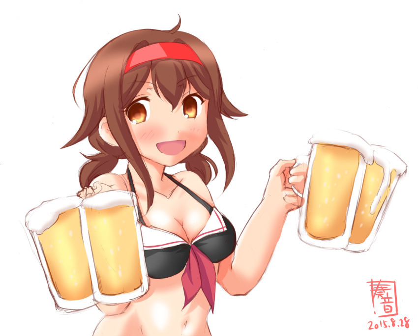 1girl adapted_costume alcohol alternate_costume artist_logo beer beer_mug bikini black_bikini breasts brown_eyes cup dated drinking_glass eyebrows_visible_through_hair hairband highres holding holding_cup kanon_(kurogane_knights) kantai_collection long_hair looking_at_viewer low_twintails medium_breasts medium_hair mug navel official_alternate_costume open_mouth orange_eyes orange_hairband red_hairband sailor_bikini sailor_collar shiratsuyu_(kantai_collection) short_twintails signature smile solo swimsuit twintails upper_body white_background