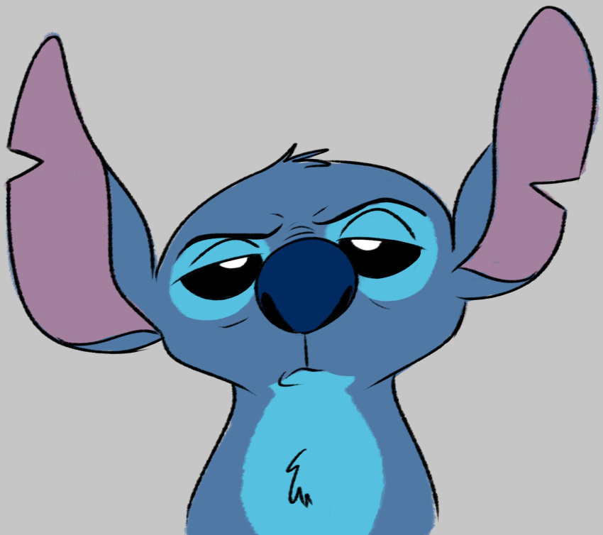 2021 alien blue_body blue_fur blue_nose bust_portrait chest_tuft colored_sketch digital_drawing_(artwork) digital_media_(artwork) disney edtertainerd experiment_(lilo_and_stitch) flat_colors fur grey_background head_tuft hi_res lidded_eyes lilo_and_stitch notched_ear portrait reaction_image simple_background solo stitch_(lilo_and_stitch) tuft