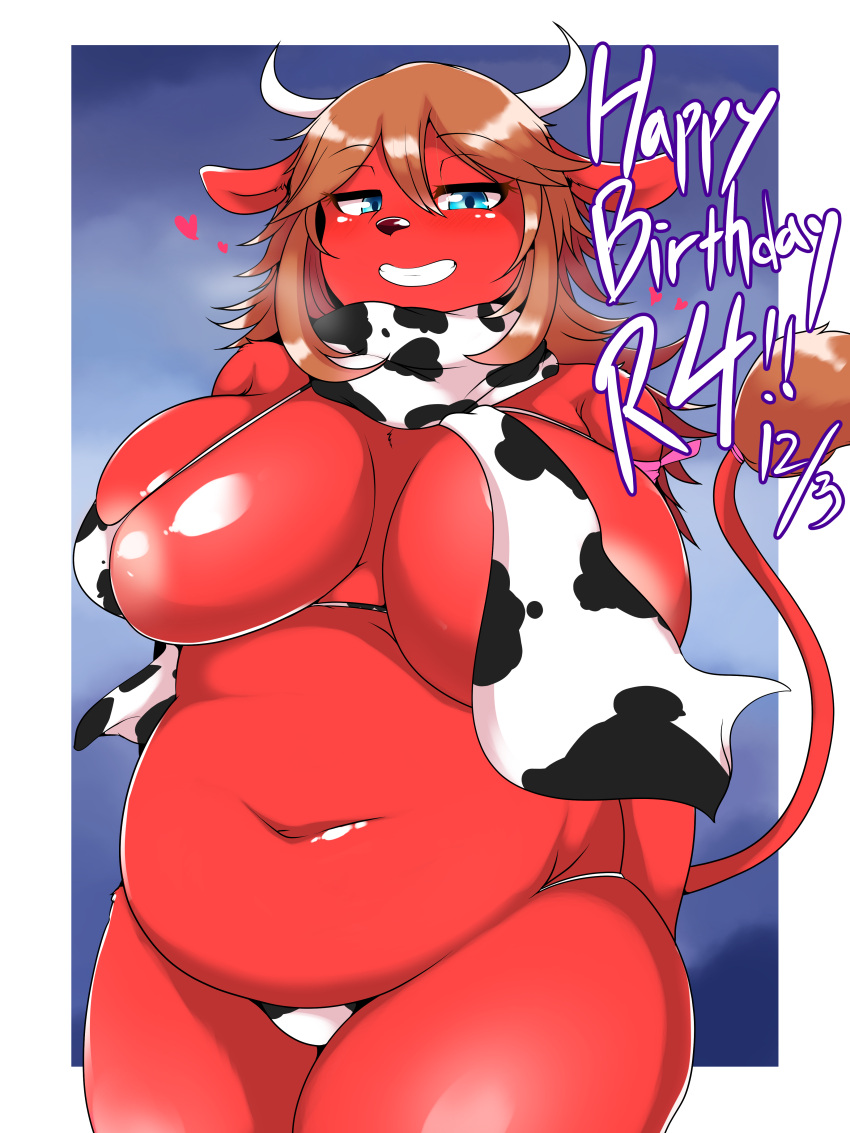 3:4 absurd_res animal_print anthro bikini bikini_bottom bikini_top blue_eyes bovid bovine breasts cattle clothing cow_print female hair hi_res horn humanoid looking_at_viewer mammal misaki_furry515 navel red_body scarf slightly_chubby smile solo swimwear