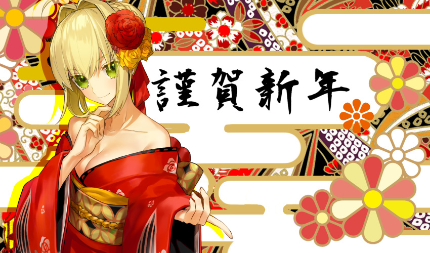 1girl ahoge akamakoto bangs bare_shoulders blonde_hair blush braid breasts cleavage collarbone fate/extra fate_(series) flower french_braid green_eyes hair_between_eyes hair_bun hair_flower hair_intakes hair_ornament highres japanese_clothes kimono large_breasts long_hair long_sleeves looking_at_viewer nero_claudius_(fate) nero_claudius_(fate)_(all) obi off_shoulder red_kimono sash smile translation_request wide_sleeves