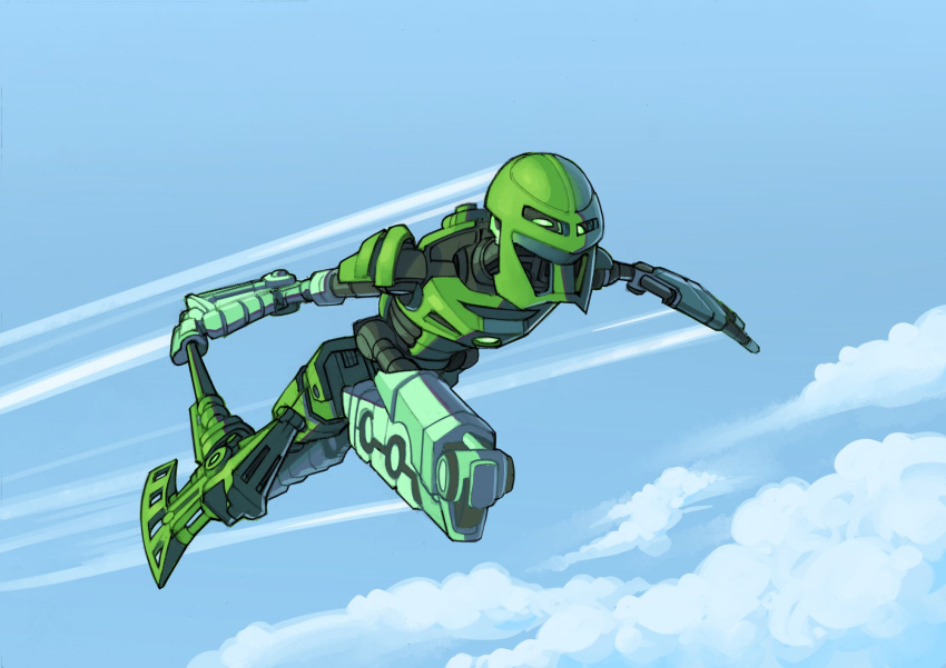 2021 2_fingers ambiguous_gender armor axe bionicle biped cloud digital_drawing_(artwork) digital_media_(artwork) fingers flying green_body green_eyes hambonous headgear hi_res holding_object holding_weapon humanoid lego lewa living_machine machine mask melee_weapon motion_lines mouthless not_furry outside robot simple_background sky standing toa weapon