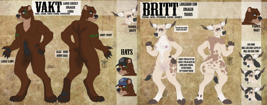 absurd_res anthro balls bovid bovine breasts brown_bear cattle duo english_text female genitals grizzly_bear hi_res horn longhorn male mammal model_sheet nipples penis pussy text thehuntingwolf ursid ursine