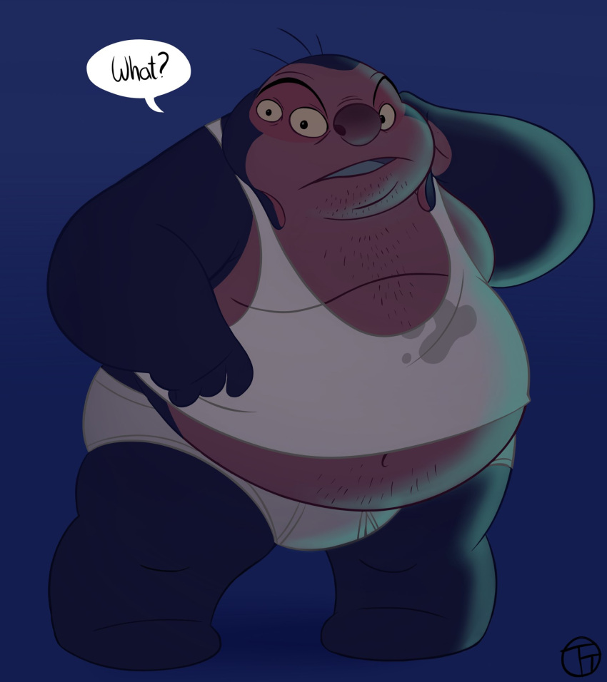 2021 alien anthro belly blue_background briefs bulge clothing disney english_text hairy hi_res jumba_jookiba kweltikwan lilo_and_stitch looking_at_viewer male multi_eye navel overweight purple_body purple_skin shirt simple_background solo stubble tank_top text tighty_whities topwear trashtoonz underwear white_clothing white_underwear yellow_sclera