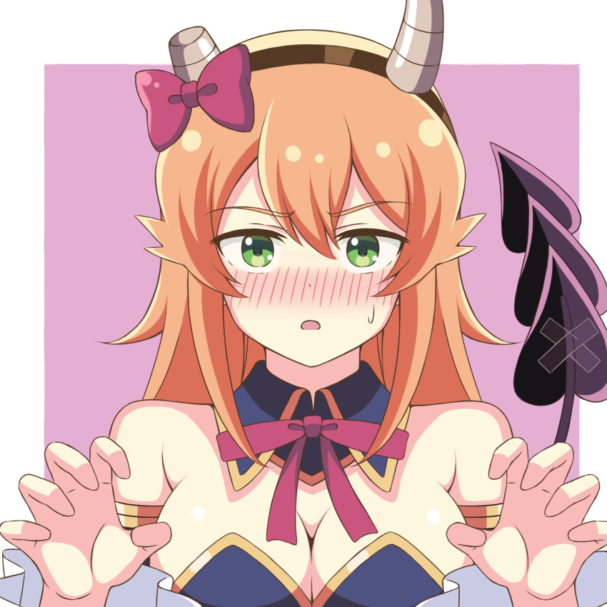1girl bangs bare_shoulders black_hairband blue_collar blush border bow breasts broken_horn claw_pose cleavage collar commentary_request cosplay demon_horns demon_tail detached_collar detached_sleeves disconnected_mouth embarrassed eyebrows_visible_through_hair frilled_sleeves frills green_eyes hair_between_eyes hair_bow hairband highres hinatsuki_mikan horns large_breasts long_hair looking_at_viewer machikado_mazoku neck_ribbon open_mouth orange_hair outside_border purple_background purple_bow red_neckwear red_ribbon ribbon shiny shiny_hair simple_background solo sweatdrop tail tail_raised upper_body white_border yoshida_yuuko_(machikado_mazoku) yoshida_yuuko_(machikado_mazoku)_(cosplay) zeta_(24904340)