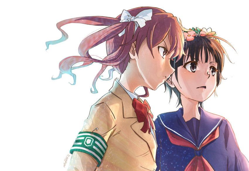 2girls :&lt; absurdres armband artist_name astuffds bangs black_eyes black_hair blazer blue_serafuku blunt_bangs bow bowtie brown_eyes brown_hair brown_jacket commentary dated flower furrowed_eyebrows hair_between_eyes hair_bow hair_flower hair_ornament head_wreath highres jacket looking_ahead multiple_girls neckerchief parted_lips red_neckwear safety_pin sakugawa_school_uniform school_uniform serafuku serious shirai_kuroko short_hair signature simple_background to_aru_kagaku_no_railgun to_aru_majutsu_no_index tokiwadai_school_uniform twintails uiharu_kazari upper_body white_background white_bow