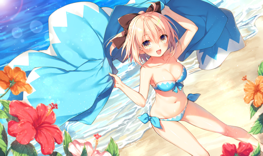 1girl :d ahoge arm_up bandeau bare_legs bare_shoulders barefoot beach bikini blue_bikini blurry blush bokeh bow breasts cleavage collarbone day depth_of_field dutch_angle eyebrows_visible_through_hair fate_(series) flower from_above front-tie_bikini front-tie_top hair_between_eyes hair_bow half_updo haori hibiscus japanese_clothes koha-ace large_breasts looking_at_viewer navel okita_souji_(fate) okita_souji_(fate)_(all) open_mouth outdoors pink_hair ponytail side-tie_bikini smile solo swimsuit toosaka_asagi