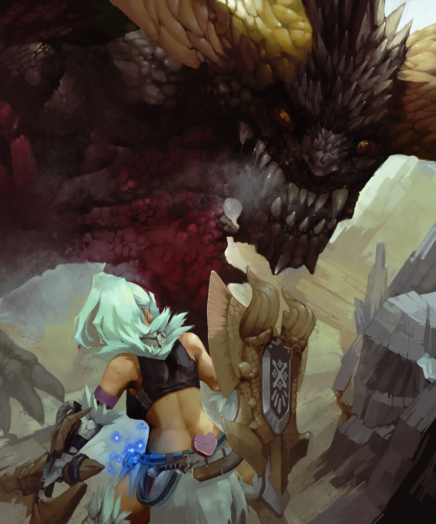 armor black_body bodily_fluids breasts capcom charge_blade clothing detailed_background duo elder_dragon fangs female feral gloves hair handwear hi_res holding_object holding_weapon horn human long_hair looking_at_another mammal melee_weapon midriff monster_hunter nergigante ponytail pupils red_body saliva satoshi1923 shield size_difference slit_pupils spikes standing sword teeth video_games weapon white_body white_hair white_skin yellow_eyes yellow_horn