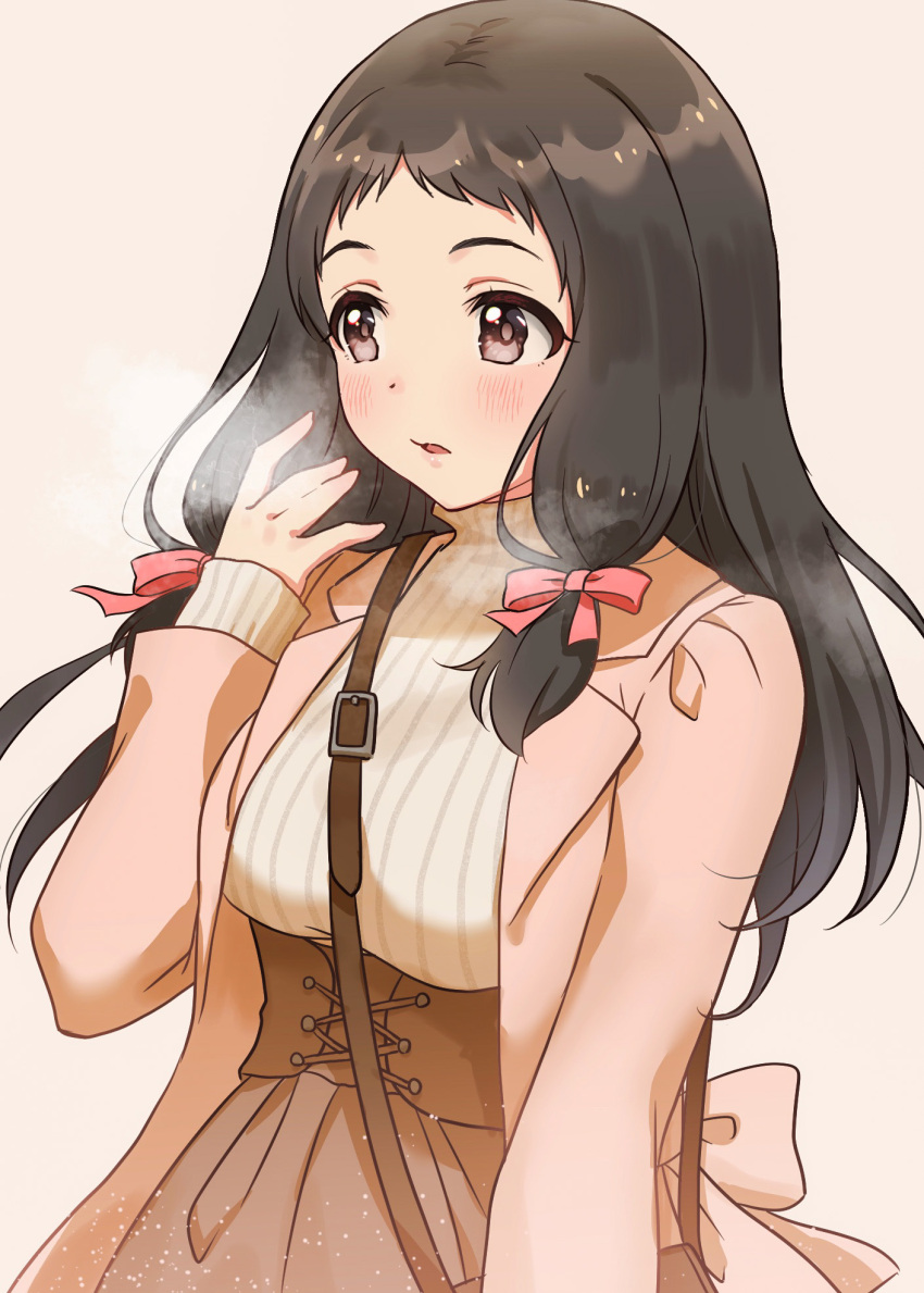 1girl black_hair blush bow breasts brown_eyes emu_(emum) hair_bow hair_ornament hand_to_own_mouth hand_up highres idolmaster idolmaster_cinderella_girls large_breasts long_hair long_sleeves looking_ahead oonuma_kurumi open_mouth parted_lips red_bow simple_background solo white_background
