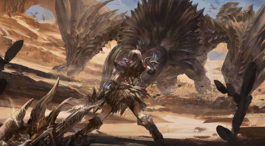 armor black_body black_horn boots bottomwear brown_hair cactus capcom charge_blade clothing day desert detailed_background diablos_(mh) duo female feral fight flying_wyvern footwear hair hi_res holding_object holding_weapon horn human long_hair mammal monster_hunter outside plant signature size_difference skirt stu_dts video_games weapon white_body white_skin