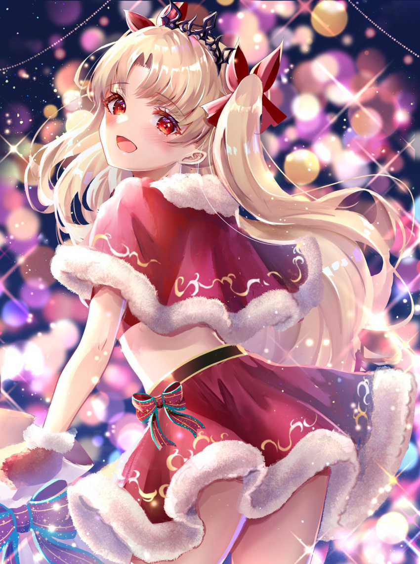 1girl bangs black_headwear blonde_hair blurry bokeh capelet chiachun0621 christmas commentary cowboy_shot depth_of_field ereshkigal_(fate/grand_order) eyebrows_visible_through_hair fate/grand_order fate_(series) from_behind fur-trimmed_capelet fur-trimmed_skirt fur_trim gloves hair_ribbon highres holding holding_sack leaning_forward light_particles long_hair looking_at_viewer looking_away midriff miniskirt open_mouth parted_bangs red_capelet red_eyes red_gloves red_ribbon red_skirt ribbon sack santa_costume santa_gloves skirt smile solo sparkle standing tiara twintails