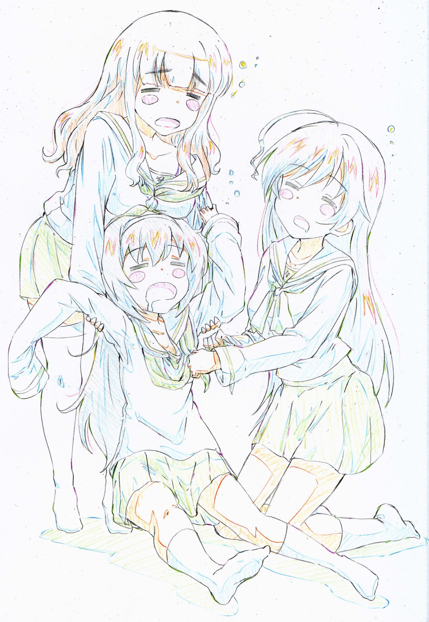 3girls absurdres ahoge bangs blouse blunt_bangs closed_eyes color_trace colored_pencil_(medium) commentary eyebrows_visible_through_hair facing_viewer frown girls_und_panzer hairband highres isuzu_hana kitazinger kneeling leaning_forward lifting_person long_hair long_sleeves miniskirt multiple_girls neckerchief no_shoes ooarai_school_uniform open_mouth pleated_skirt reizei_mako saliva school_uniform serafuku shadow sitting skirt sleepy sleeves_past_fingers sleeves_past_wrists socks standing takebe_saori thighhighs traditional_media
