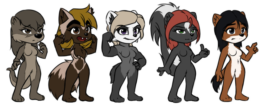 4_fingers anthro badger better_version_at_source black_hair black_nose blonde_hair blue_eyes breasts brown_eyes brown_hair chest_tuft chibi digital_media_(artwork) eyebrows fangs featureless_breasts featureless_crotch female fingers fluffy fluffy_tail fur green_eyes group hair hi_res jen_(mykegreywolf) kim_(mykegreywolf) liz_(mykegreywolf) lutrine mammal mel_(mykegreywolf) mephitid muscular muscular_anthro muscular_female mustela mustelid musteline mykegreywolf nat_(mykegreywolf) nude open_mouth pose purple_eyes red_hair simple_background skunk smile teeth thick_eyebrows tuft wolverine