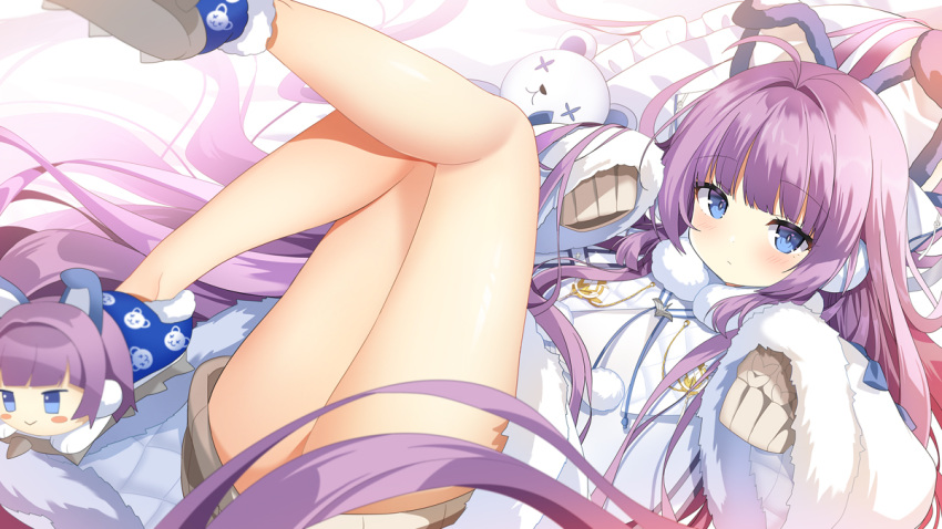 1girl animal_ears azur_lane bangs bare_legs bed_sheet blue_eyes blush closed_mouth coat dress duffel_coat earmuffs eyebrows eyebrows_visible_through_hair fake_animal_ears fur_trim hands_up kurot legs_up long_hair long_sleeves looking_at_viewer lying on_back on_bed pillow purple_hair sleeves_past_wrists slippers solo stuffed_animal stuffed_toy sweater sweater_dress tashkent_(azur_lane) thighs torpedo_tubes very_long_hair white_coat wide_sleeves winter_clothes