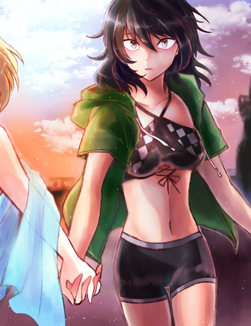 2girls andou_(girls_und_panzer) bangs bikini bikini_shorts black_bikini black_hair blonde_hair brown_eyes checkered checkered_bikini cloud cloudy_sky commentary_request dark_skin dark_skinned_female drawstring girls_und_panzer gradient_sky green_jacket highres holding_hands hood hoodie interlocked_fingers jacket light_smile looking_at_viewer medium_hair messy_hair mimoe multiple_girls navel open_clothes open_jacket orange_sky oshida_(girls_und_panzer) out_of_frame outdoors parted_lips pov short_sleeves shorts sky standing sunset swimsuit yuri