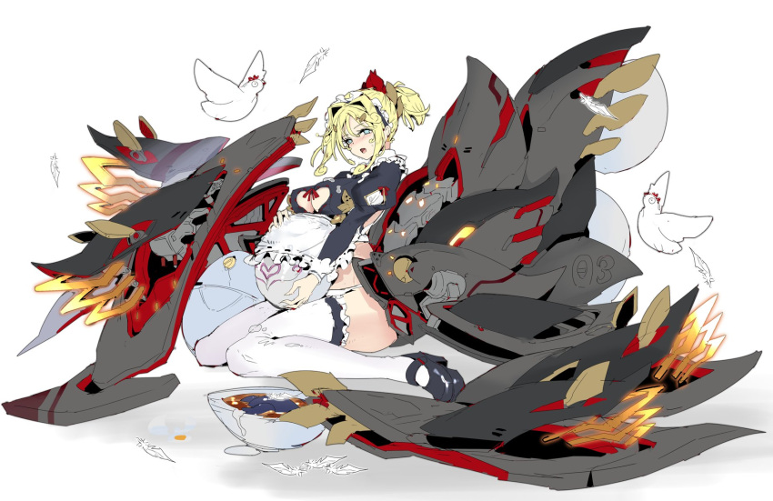 1girl :o bangs bird blonde_hair blue_eyes blush chicken chinese_commentary egg highres holding holding_egg looking_at_viewer mechanical_wings open_mouth original platform_footwear platform_heels ponytail sidelocks sitting solo thighhighs tied_hair white_background wings zhu_fun