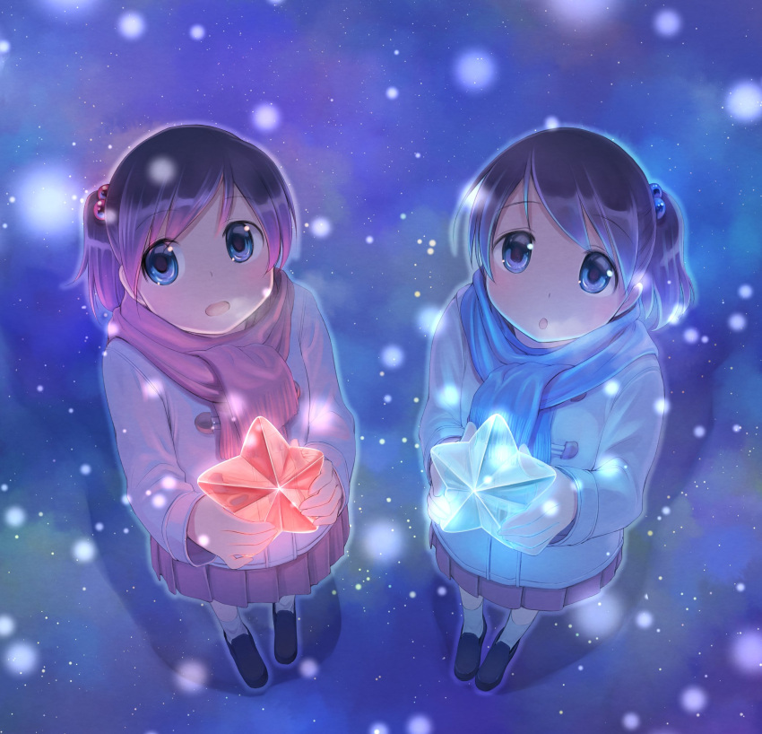 2girls :o bangs black_footwear black_hair blue_eyes blue_scarf blue_skirt christmas christmas_lights coat commentary eyebrows_visible_through_hair hair_bobbles hair_ornament highres holding ikeda_jun_(mizutamari) loafers long_sleeves looking_at_viewer matching_outfit medium_skirt multiple_girls night open_mouth original outdoors pink_scarf pink_skirt pleated_skirt scarf shoes short_hair siblings side_ponytail sisters skirt smile snowing socks standing star_ornament swept_bangs twins white_coat white_legwear