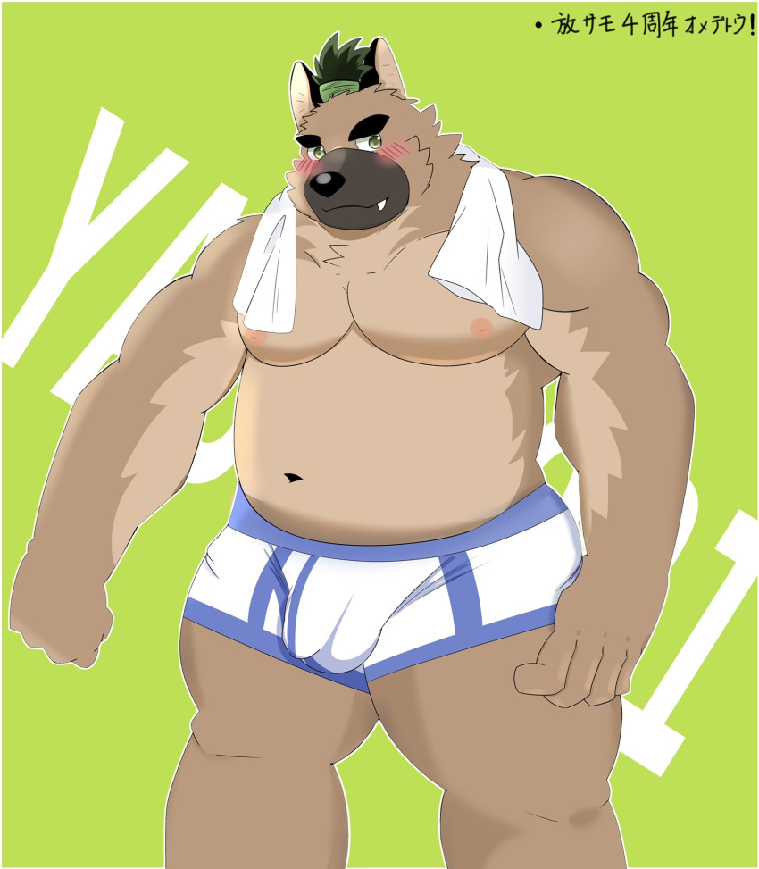 2020 anthro belly black_nose blush brown_body brown_fur bulge canid canine canis clothing cute_fangs domestic_dog fur hi_res japanese_text kemono male mammal moobs navel nipples overweight overweight_male solo text tinhotarou tokyo_afterschool_summoners underwear video_games yasuyori