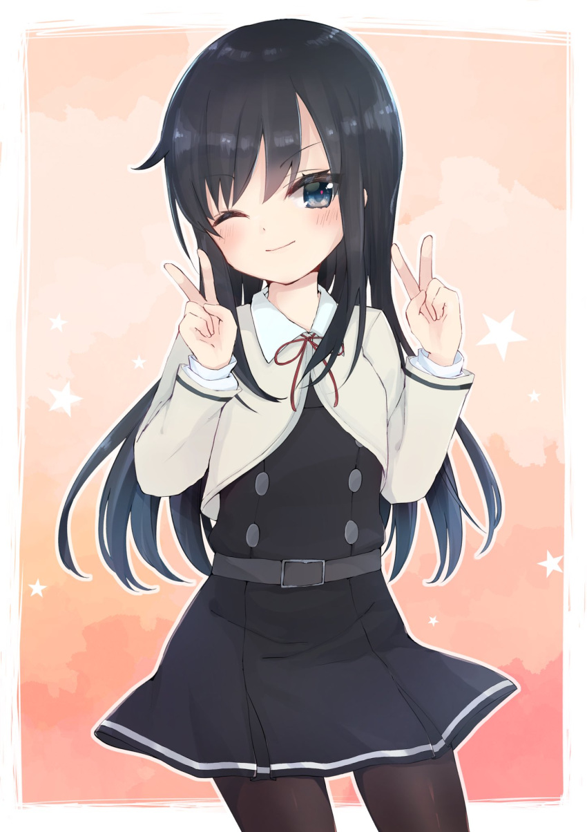 1girl ;) asashio_(kantai_collection) belt black_hair black_legwear blue_eyes commission cowboy_shot double_v dress highres kantai_collection kayuma long_hair long_sleeves looking_at_viewer one_eye_closed pantyhose pinafore_dress remodel_(kantai_collection) school_uniform shirt skeb_commission smile solo v white_shirt