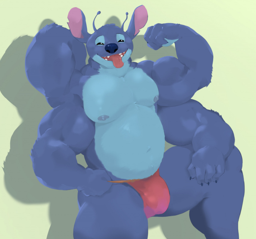 2021 4_arms 4_fingers alien anthro belly biceps black_eyes blep blue_nose bulge clothing disney experiment_(lilo_and_stitch) fingers flexing lilo_and_stitch male multi_arm multi_limb musclegut muscular muscular_anthro muscular_male narrowed_eyes navel nipples notched_ear pecs slightly_chubby solo speedo splash_(artist) stitch_(lilo_and_stitch) swimwear tongue tongue_out