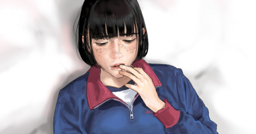 1girl bangs bed_sheet black_hair blue_shirt blunt_bangs bob_cut closed_eyes commentary finger_in_mouth freckles gym_shirt gym_uniform hair_strand hand_to_own_mouth hiramedousa lying messy_hair on_bed original shirt short_hair solo sucking suggestive_fluid track_suit upper_body white_shirt