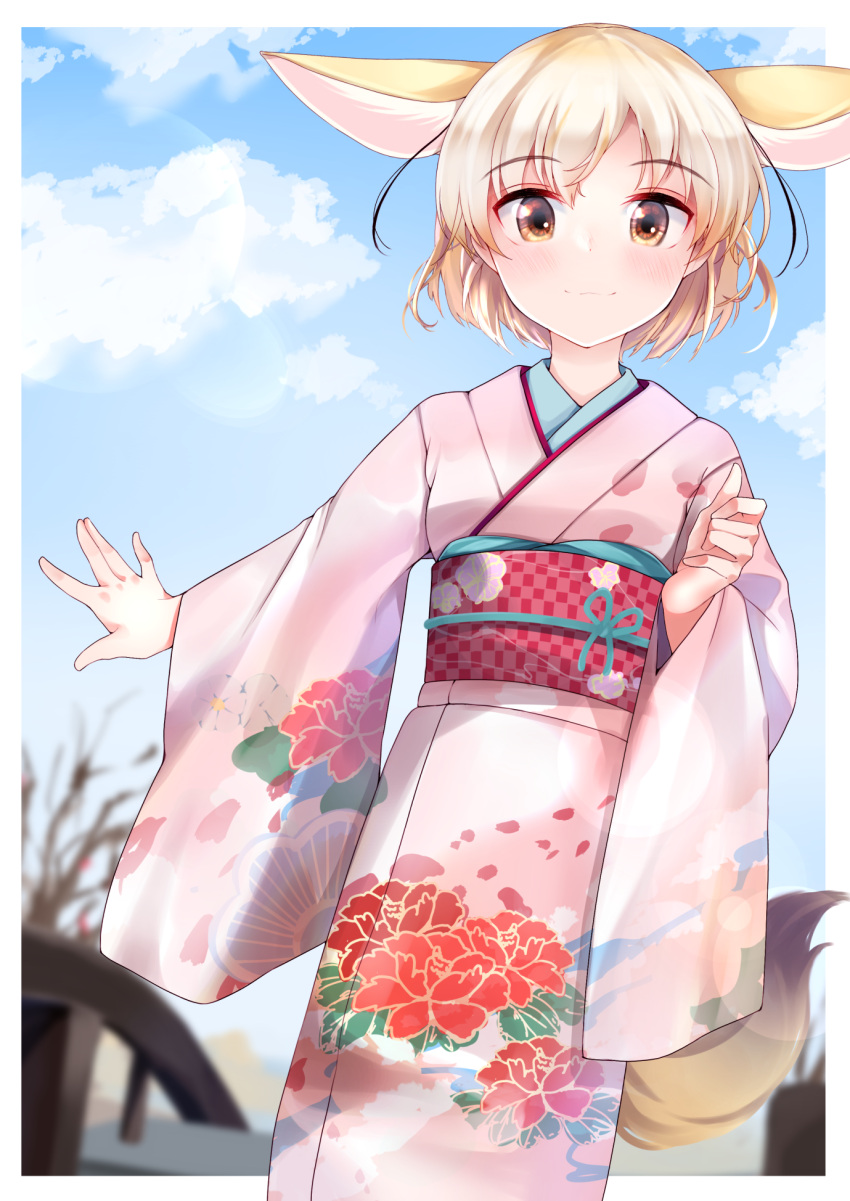 1girl :3 alternate_costume animal_ears blonde_hair blush cloud cowboy_shot extra_ears eyebrows_visible_through_hair fennec_(kemono_friends) floral_print fox_ears fox_girl fox_tail from_behind highres japanese_clothes kemono_friends kimono kinou_no_shika looking_at_viewer multicolored_hair pink_kimono short_hair sky smile solo tail white_hair yellow_eyes