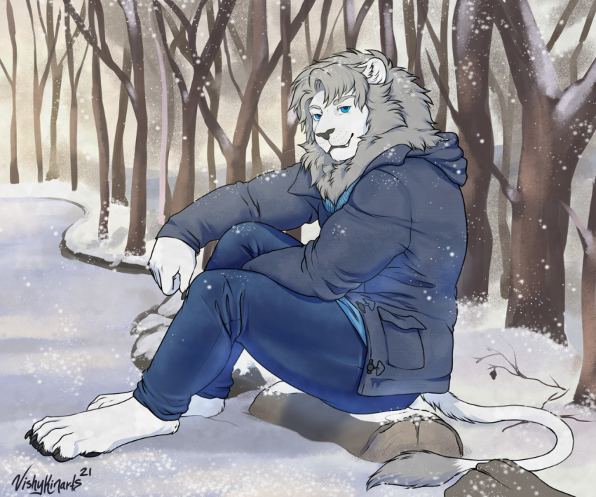 anthro clothed clothing felid fur grey_body grey_fur kesharo lion looking_at_viewer male mammal outside pantherine snow solo vishykin white_body white_fur