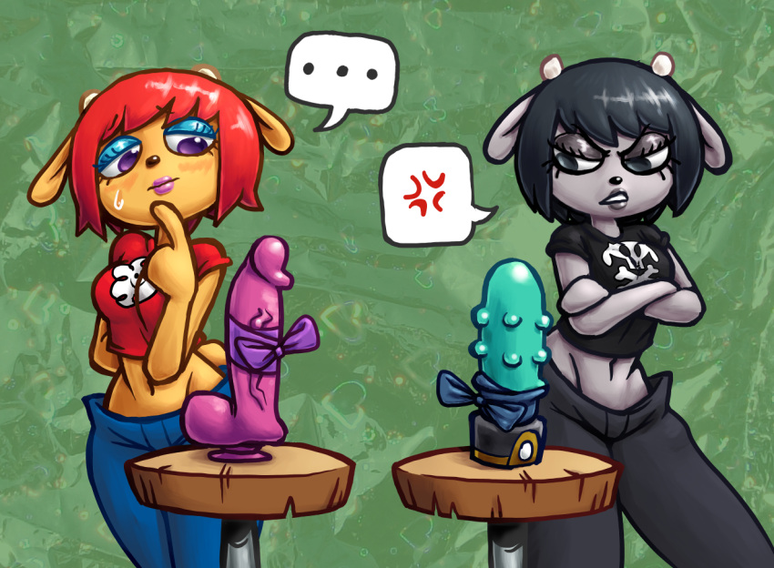 anthro big_breasts black_eyes black_hair blush bodily_fluids bovid bow_tie breasts caprine clothed clothing cross-popping_vein crossed_arms dildo duo female fur green_background gummuru hair half-closed_eyes horn lammy_lamb mammal narrowed_eyes parappa_the_rapper purple_eyes rammy red_hair sex_toy sheep simple_background sony_corporation sony_interactive_entertainment sr standing sweat teeth thick_thighs um_jammer_lammy vein veiny_dildo video_games wide_hips