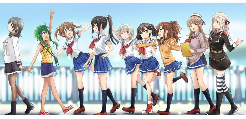 6+girls :d abe_kanari ahoge animal_hood black_hair black_jacket black_legwear black_skirt blonde_hair blue_eyes blue_skirt boots braid brown_footwear brown_hair cardigan cat_hood character_request check_character china_moeka crocs denim denim_skirt from_side full_body green_hair grey_hair hair_ornament hair_ribbon hairclip hat high_school_fleet highres hood irizaki_mei jacket kneehighs leg_up loafers long_hair looking_at_another medium_hair military military_uniform misaki_akeno multiple_girls munetani_mashiro neckerchief necktie nosa_kouko open_mouth pantyhose pink_footwear pleated_skirt polka_dot polka_dot_shirt ponytail red_footwear red_neckwear red_ribbon ribbon sailor_hat school_uniform serafuku shiretoko_rin shirt shoes short_hair short_sleeves sidelocks single_braid skirt sleeveless sleeveless_shirt smile sneakers striped striped_legwear tan tateishi_shima thighhighs uniform walking white_headwear white_ribbon wilhelmina_braunschweig_ingenohl_friedeburg yellow_ribbon yokosuka_girls_marine_high_school_uniform