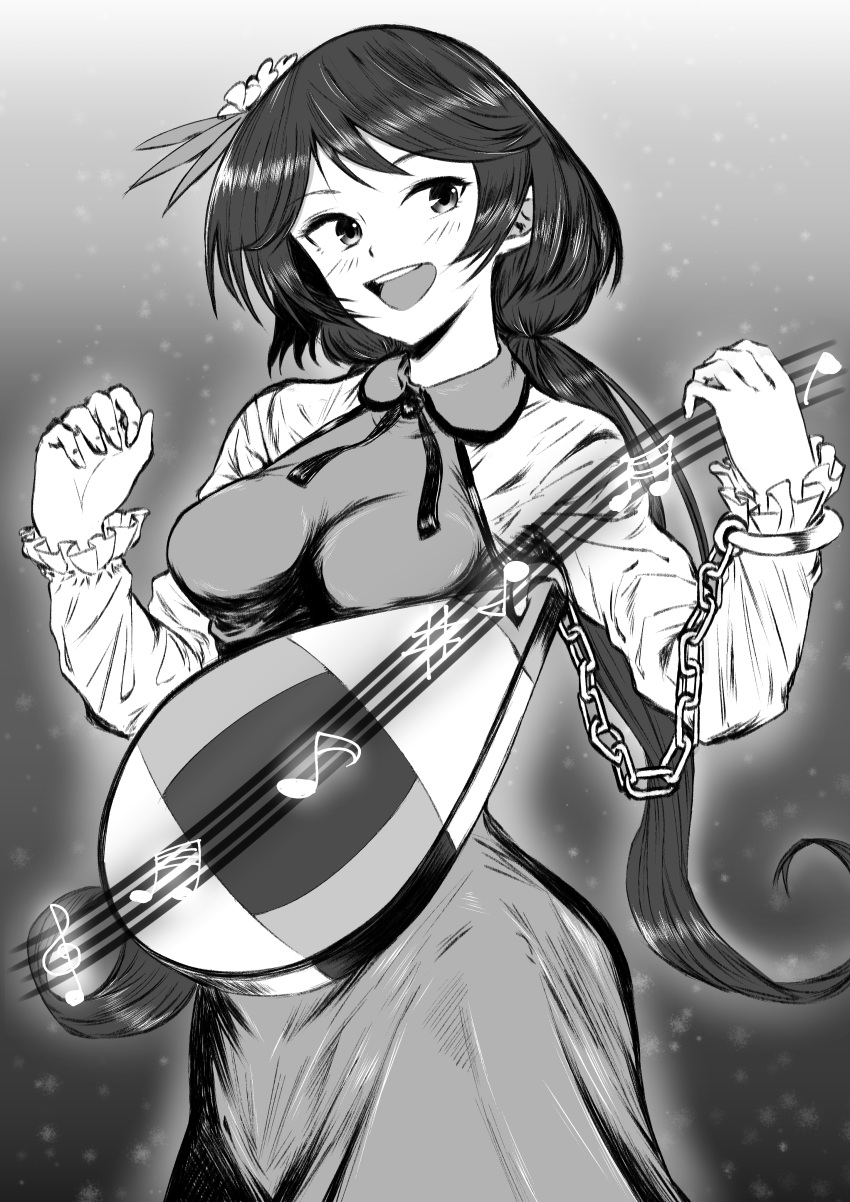 1girl :d absurdres chain commentary_request greyscale highres long_hair looking_to_the_side monochrome musical_note open_mouth sen_(daydream_53) smile solo touhou tsukumo_benben very_long_hair