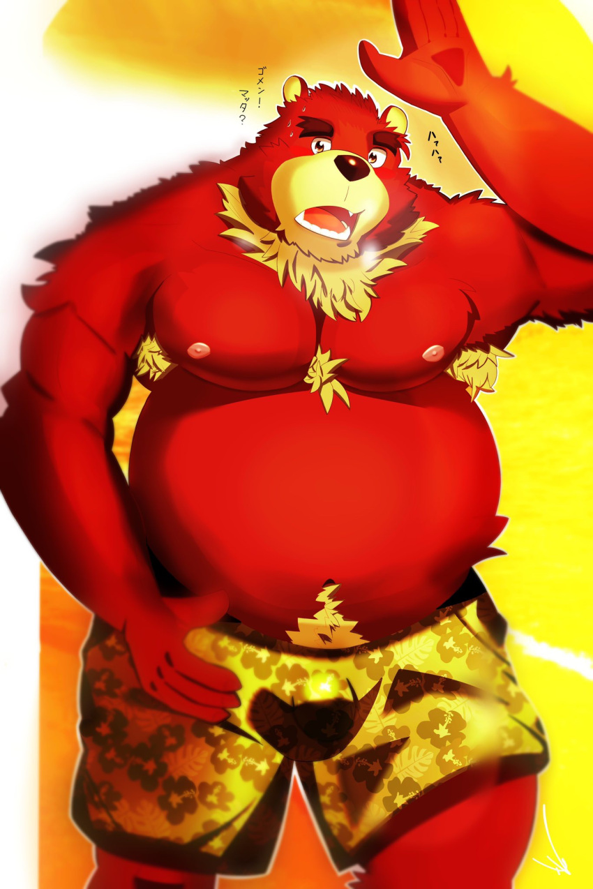 2020 anthro armpit_hair belly blush body_hair bottomwear bulge clothing fur hi_res humanoid_hands japanese_text kemono male mammal moobs nipples overweight overweight_male red_body red_fur shorts solo text tinhotarou ursid