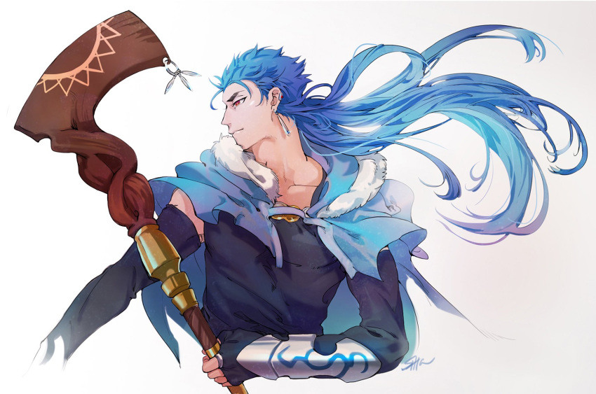 1boy blue_hair bracelet capelet closed_mouth cu_chulainn_(fate)_(all) cu_chulainn_(fate/grand_order) earrings elbow_gloves fate/grand_order fate_(series) fingerless_gloves floating_hair fur-trimmed_hood fur_trim gloves highres holding holding_staff hood hood_down hooded_capelet iash jewelry long_hair looking_to_the_side male_focus multiple_piercings red_eyes simple_background smile solo spiked_hair staff type-moon vambraces wooden_staff