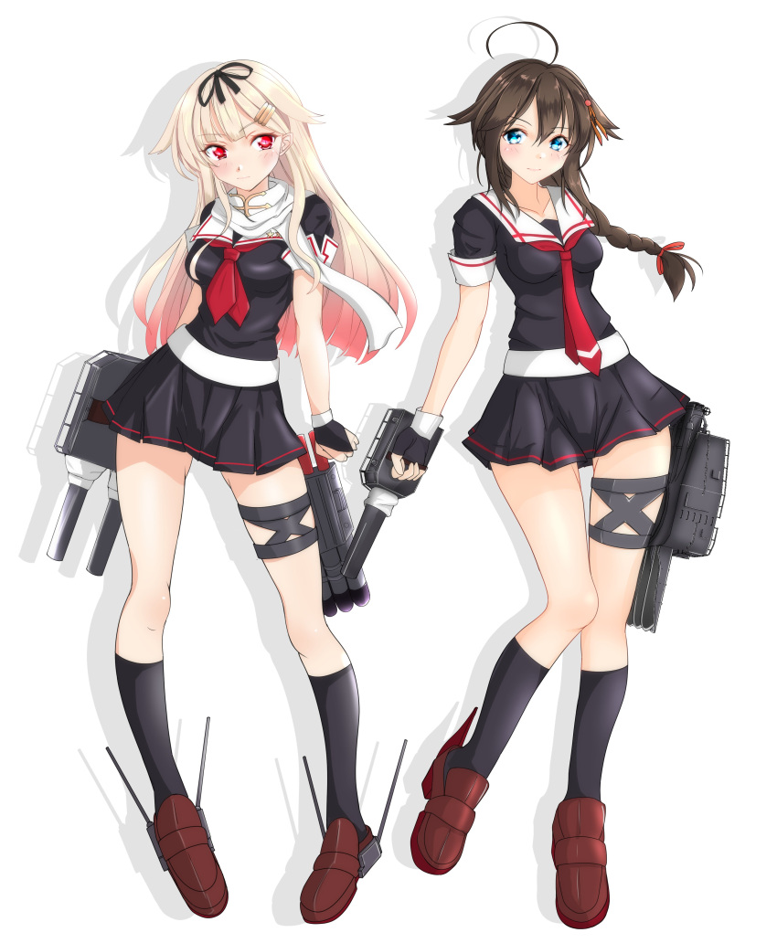 2girls absurdres adapted_turret ahoge black_gloves black_hair black_ribbon black_serafuku black_skirt blonde_hair blue_eyes braid breasts cannon commentary_request fingerless_gloves full_body gloves hair_flaps hair_ornament hair_over_shoulder hair_ribbon hairclip highres kantai_collection long_hair medium_breasts messy_hair multiple_girls neckerchief necktie nitamago_(sakamalh) pleated_skirt red_eyes remodel_(kantai_collection) ribbon sailor_collar scarf school_uniform serafuku shigure_(kantai_collection) simple_background single_braid skirt standing turret white_background white_sailor_collar white_scarf yuudachi_(kantai_collection)