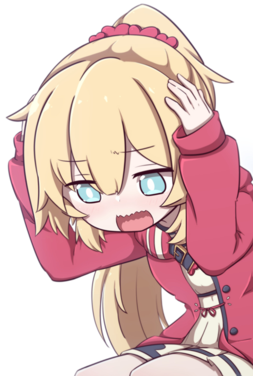 1girl absurdres akai_haato bangs blonde_hair blue_eyes blush chibi commentary emoji hair_ornament hands_on_head heart heart_hair_ornament highres hololive jacket kurotategami long_hair looking_down open_mouth panicking parody ponytail simple_background solo twitch.tv white_background