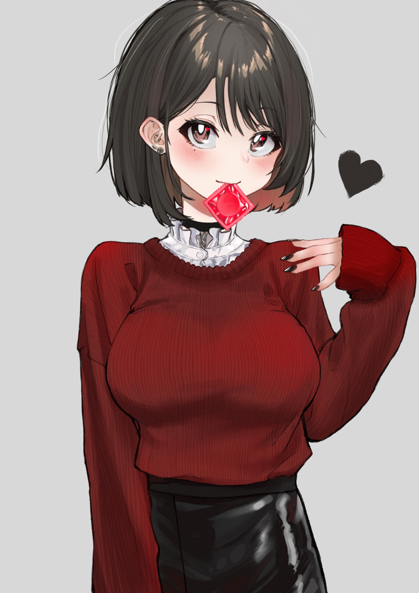 1girl absurdres bangs black_skirt breasts brown_eyes earrings grey_background heart highres jewelry long_sleeves look looking_at_viewer mamu_t7s mouth_hold nail_polish original red_eyes red_nails red_sweater short_hair skirt solo sweater