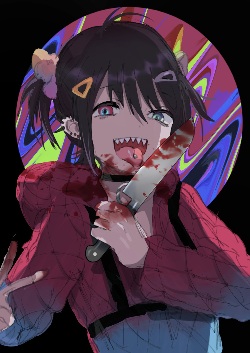 1girl :d bangs black_hair blood bloody_hands bloody_knife blue_eyes commentary_request eyebrows_visible_through_hair hair_between_eyes hair_ornament hairclip heterochromia highres holding holding_knife hood hood_down hooded_jacket jacket kayanogura knife long_sleeves looking_at_viewer open_mouth original piercing red_eyes red_jacket sharp_teeth smile solo teeth tongue tongue_out tongue_piercing two_side_up yandere