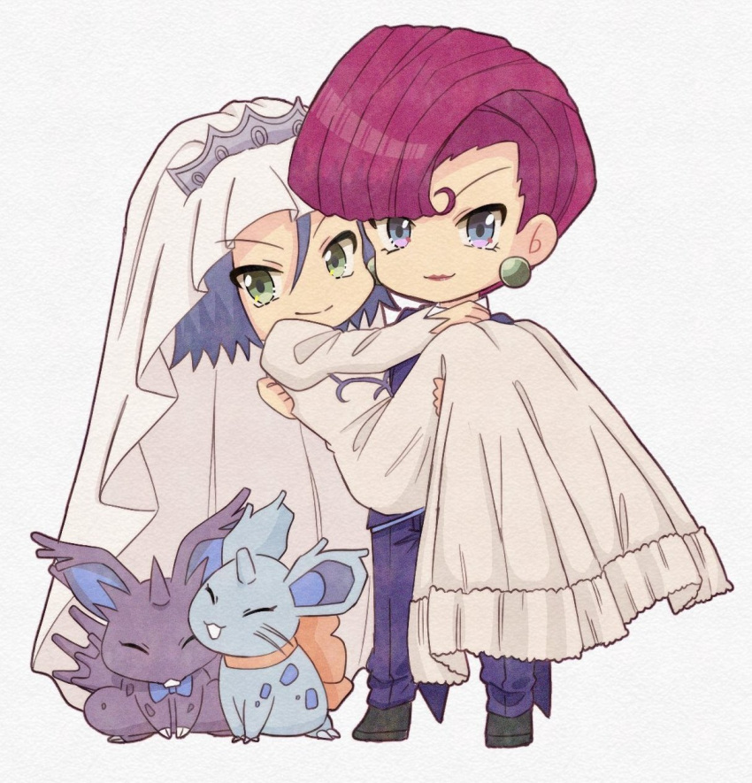 1boy 1girl bridal_veil carrying crossdressing dress gen_1_pokemon highres hutao_poke james_(pokemon) jessie_(pokemon) nidoran nidoran_(female) nidoran_(male) pokemon pokemon_(anime) team_rocket veil wedding wedding_dress