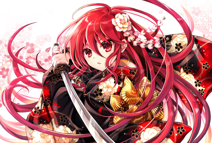 1girl ahoge bangs black_kimono commentary_request eyebrows_visible_through_hair floral_background floral_print flower hair_between_eyes hair_flower hair_ornament hands_up highres holding holding_sword holding_weapon japanese_clothes katana kimono long_hair long_sleeves looking_at_viewer parted_lips print_kimono red_eyes red_hair shakugan_no_shana shana simple_background solo sword tachitsu_teto two-handed very_long_hair weapon white_background white_flower wide_sleeves
