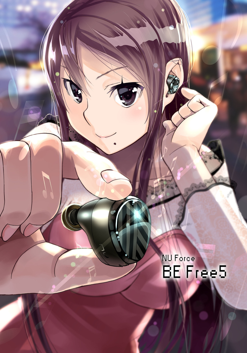 1girl absurdres bangs brown_eyes brown_hair dress earbuds earphones highres holding long_hair looking_at_viewer mole mole_under_mouth musical_note original single_earphone_removed smile solo standing wadapen wireless_earphones