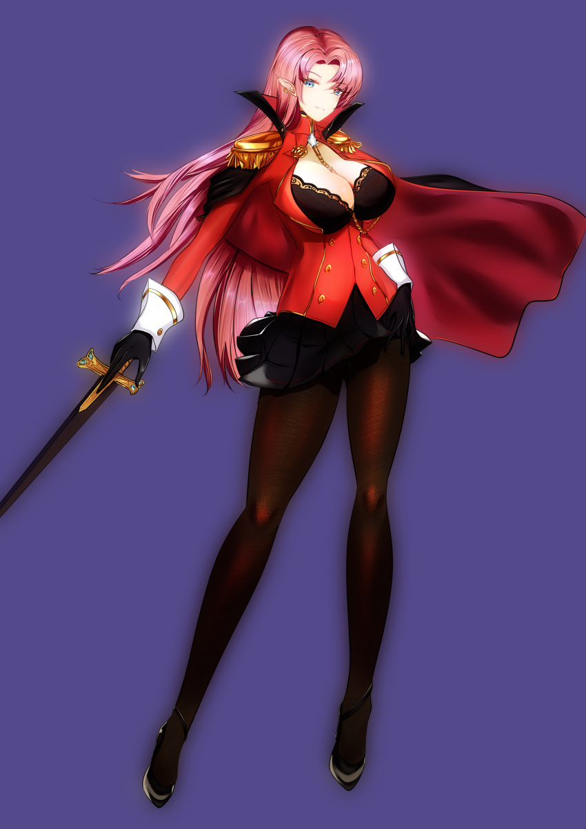 1girl absurdres alternate_costume artist_request azur_lane black_bra black_cape black_gloves black_skirt blue_eyes bra breastless_clothes breasts cape cleavage duke_of_york_(azur_lane) earrings epaulettes full_body gloves highres holding holding_sword holding_weapon jacket jewelry large_breasts long_hair looking_at_viewer miniskirt pantyhose pink_eyebrows pink_hair pleated_skirt pointy_ears purple_background red_cape red_jacket simple_background skirt solo sword two-tone_cape underwear weapon