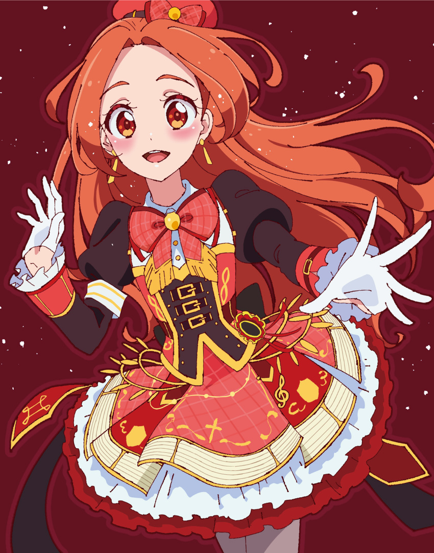 1girl :d absurdres aikatsu! aikatsu!_(series) aikatsu_on_parade! bare_legs beret black_jacket blush bow bowtie brown_eyes cowboy_shot dream_academy_uniform dress floating_hair forehead gloves hat hat_bow highres idol jacket kaoryu-kun long_hair long_sleeves looking_at_viewer open_mouth orange_hair otoshiro_noel plaid plaid_bow plaid_dress puffy_sleeves reaching red_background red_bow red_headwear red_neckwear red_skirt round_teeth school_uniform shiny shiny_skin shirt simple_background skirt smile solo teeth upper_teeth white_gloves white_shirt