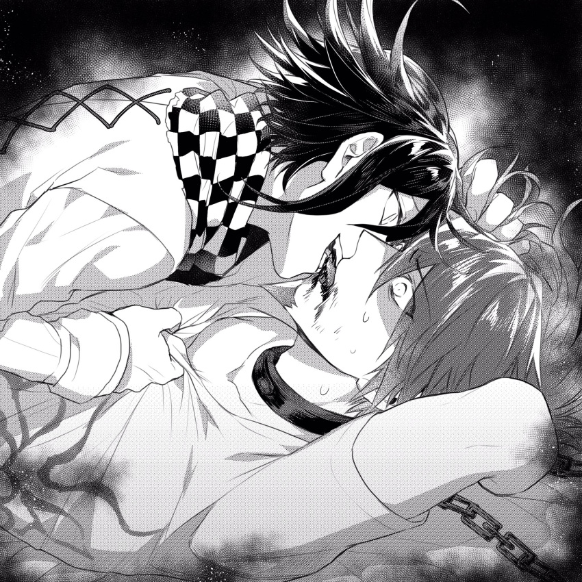 2boys arm_behind_head arm_up bangs biting_tongue blood chain chained checkered checkered_scarf collar collarbone commentary_request danganronpa_(series) danganronpa_v3:_killing_harmony fangs from_side greyscale hair_grab halftone highres long_sleeves looking_at_another male_focus metal_collar momota_kaito monochrome multiple_boys nanin open_mouth ouma_kokichi print_shirt scarf shirt short_hair upper_body yaoi
