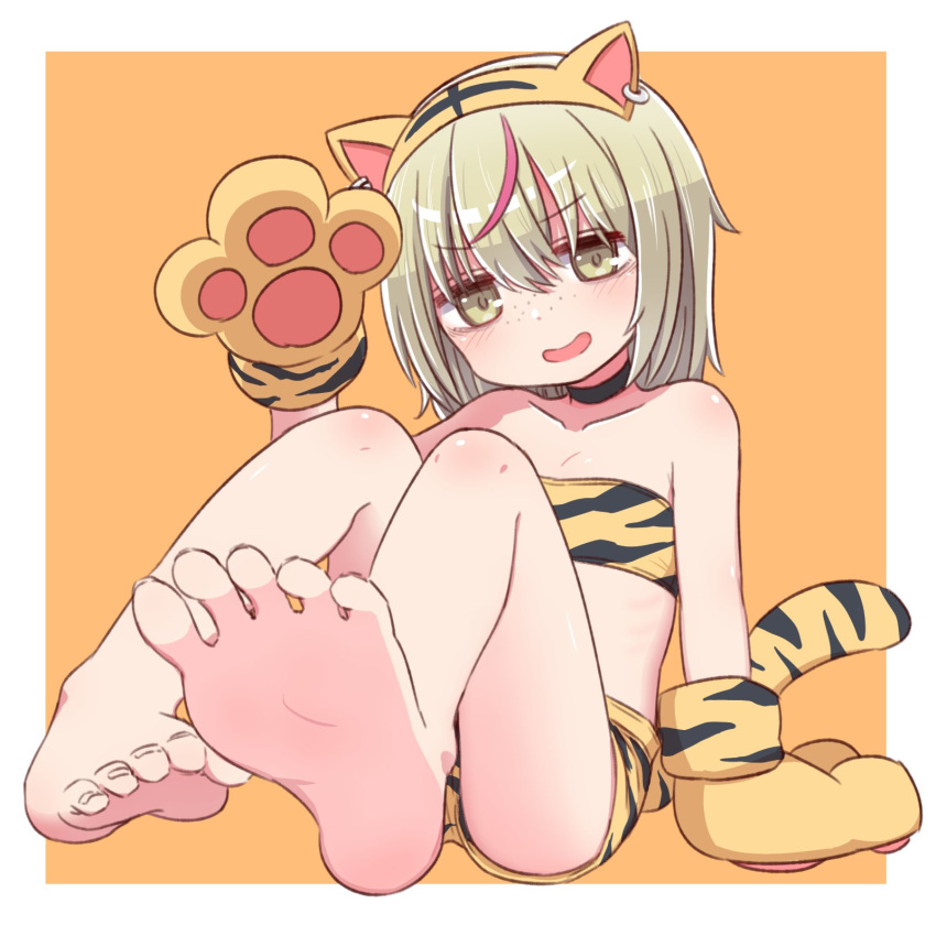 1girl animal_ears animal_print bandeau bangs bare_legs bare_shoulders barefoot black_choker blush brown_background brown_eyes brown_hair character_request choker collarbone commentary_request eyebrows_visible_through_hair fake_animal_ears feet freckles gloves hair_between_eyes highres knees_up legs looking_at_viewer multicolored_hair naga_u open_mouth paw_gloves paws print_shorts red_hair short_shorts shorts sitting smile soles solo streaked_hair tail tiger_ears tiger_print tiger_tail toranoana two-tone_background white_background yellow_gloves yellow_shorts