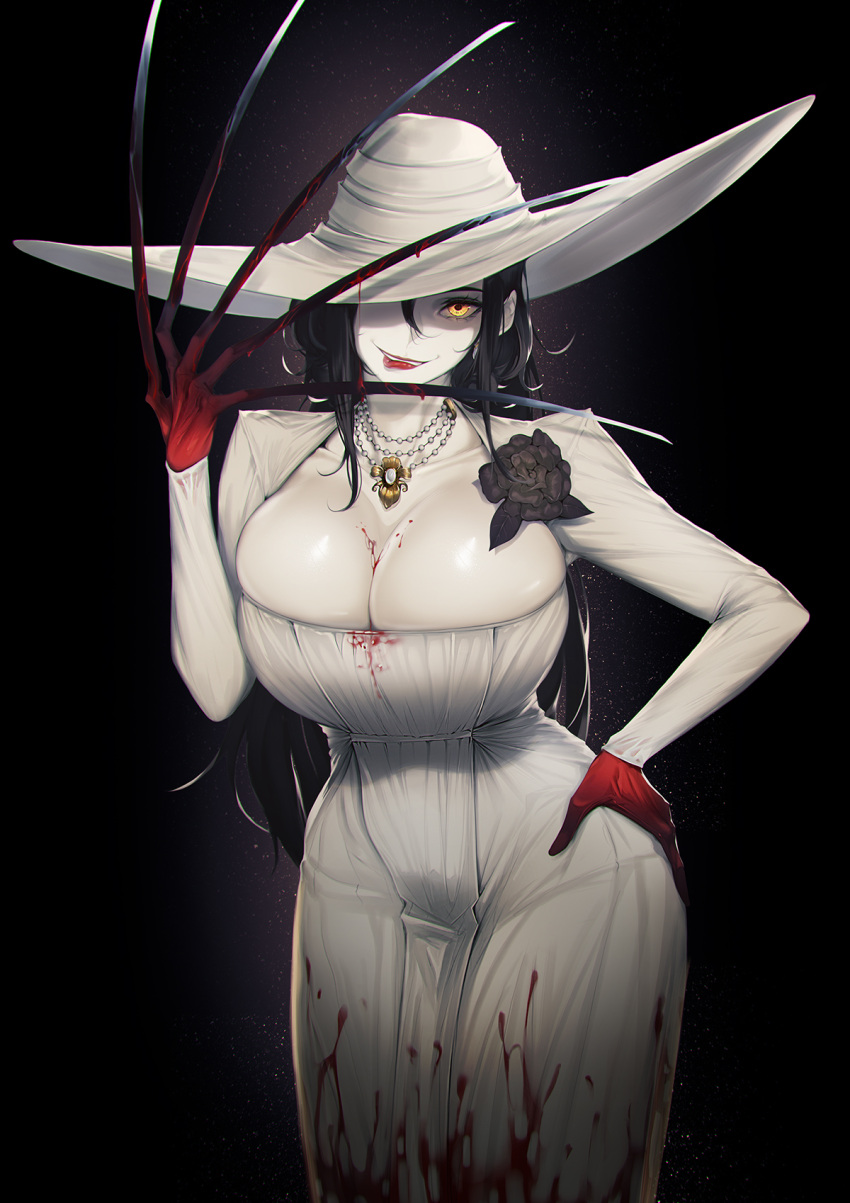 1girl alcina_dimitrescu biting black_background black_flower black_hair black_rose blood blood_on_breasts bloody_clothes bloody_hands blueorca breasts claws cleavage corsage curvy dress earrings fingernails flower gloves hand_on_hip hat highres huge_breasts jewelry lip_biting lips long_fingernails long_hair mature necklace one_eye_covered pale_skin red_gloves resident_evil resident_evil_village rose tongue tongue_out white_dress yellow_eyes
